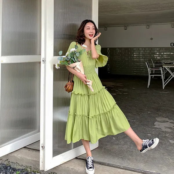 RUGOD корейское Платье макси с оборками женское Элегантное летнее пляжное платье с расклешенными рукавами Дамская мода платье с v-образным вырезом на шнуровке размера плюс - Цвет: light green