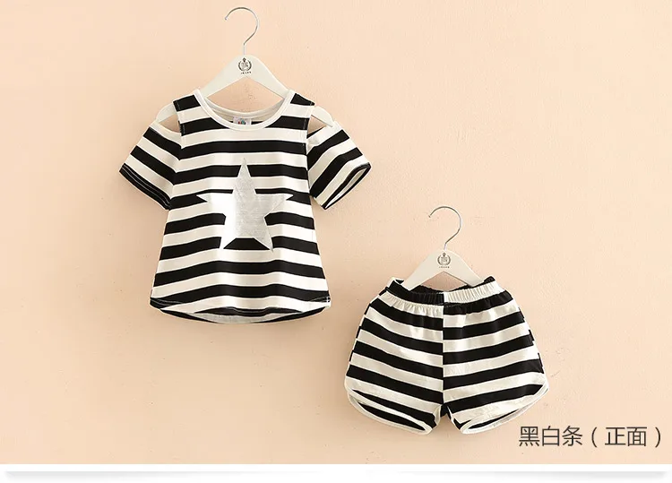 Girls Clothing Set 2018 Summer 2-10 Years Old Kids Girl Star Strip Print Wrap Shoulder T Shirt+Shorts Sports 2 Pcs Tracksuit Set (12)