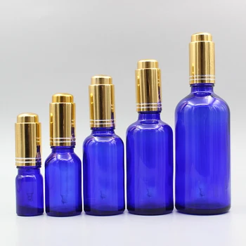 

2/10pcs 5ml 10ml 15ml 20ml 30ml 50ml 100ml Empty Blue Essential Oil Bottle With Light Gold Press Cap with glass dropping pipette