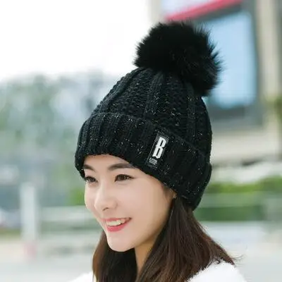 BINGYUANHAOXUAN, вязаная шапка с буквой B, шапка, женская фирменная, высокого качества, зимняя, женская, с помпоном, шапка на кроличьем меху для лыжного спорта, шапки с помпоном, вязаный шарф - Цвет: black hat