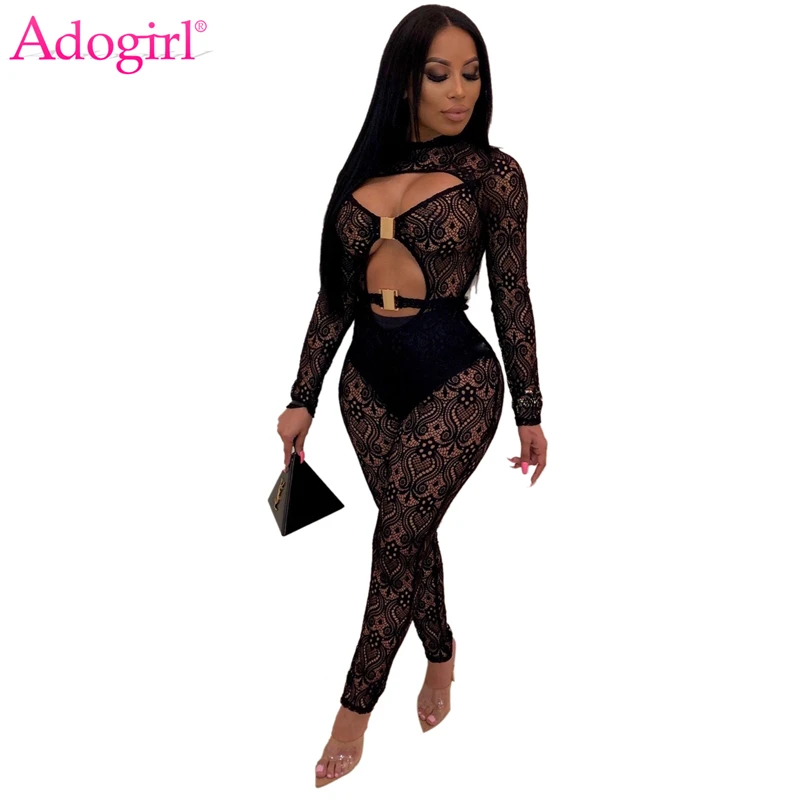

Adogirl Women Sexy Hollow Out Sheer Lace Jumpsuit with Panties Long Sleeve Night Club Party Skinny Romper Fashion Bodysuits
