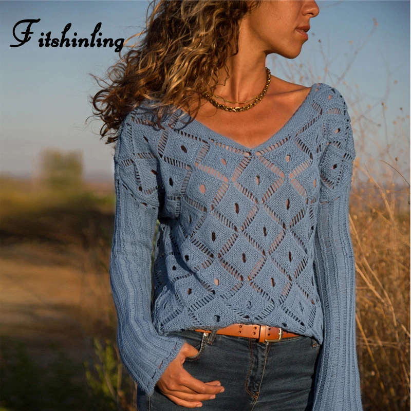 

Fitshinling 2019 Autumn New Thin Sweaters Pullovers Women Hollow Out Sexy Knitted Jumper V neck Long Sleeve Ladies Sweater Sale