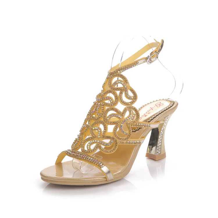 2016 Summer New Diamond Sandals Female Chunky Heeled High Heels Crystal Fashion Womens Large Size Shoes 11 Gold Silver Black-23