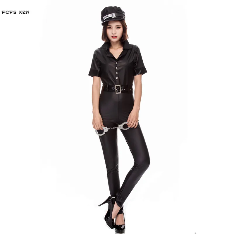 Sexy Black Jumpsuit Halloween police Costumes for Woman Female
