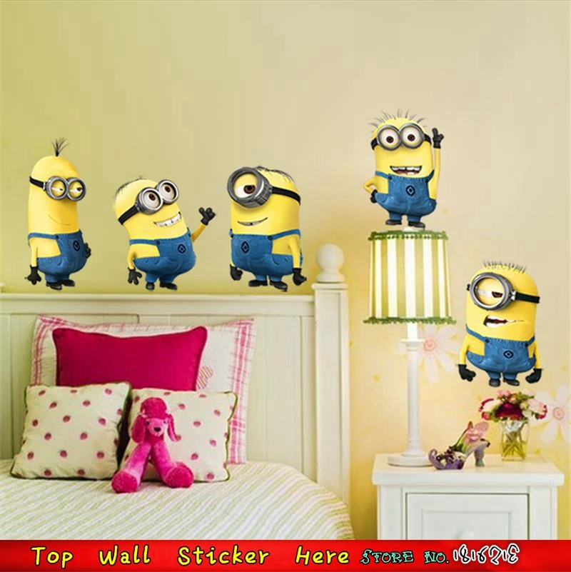 Cartoon minions wall stickers yellow for kids Bedroom Decoration free shipping 