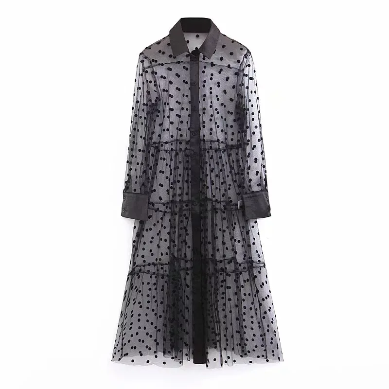 

Sexy Perspective Polka Dot Midi Dress Women Long Sleeve Patchwork Mesh Dresses Button Transparent Shirt Dress