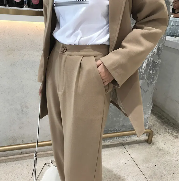 Повседневные однотонные женские брюки костюмы зубчатый блейзер с воротником куртка и узкие брюки хаки женский костюм осень 2019 высокое