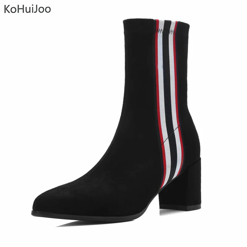 

KoHuiJoo 2018 Winter Gingham Chelsea Boots Square Heel High Heels Slip on Round Toe Women Platform Shoes Black Gray Casual Shoes