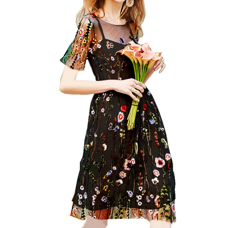 Женское летнее платье миди с цветочной вышивкой, кружевное Сетчатое платье с коротким рукавом и высокой талией, повседневное свободное элегантное вечернее платье с круглым вырезом - Цвет: Black