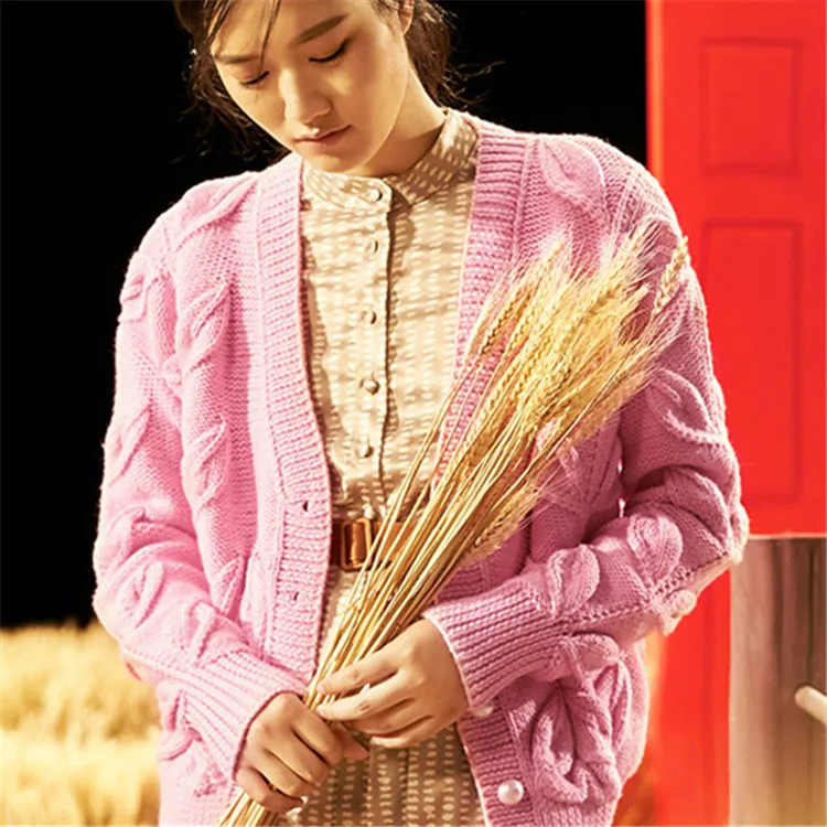  100%hand made wool Vneck knit women streetwear solid loose thick single breasted cardigan sweater o