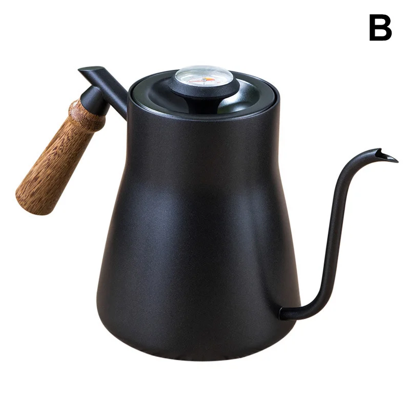 

Creative Stainless Steel Coffee Kettle Wood Handle Long Mouth Coffee Making Bottle Pot with Thermometer High Quality Hogard