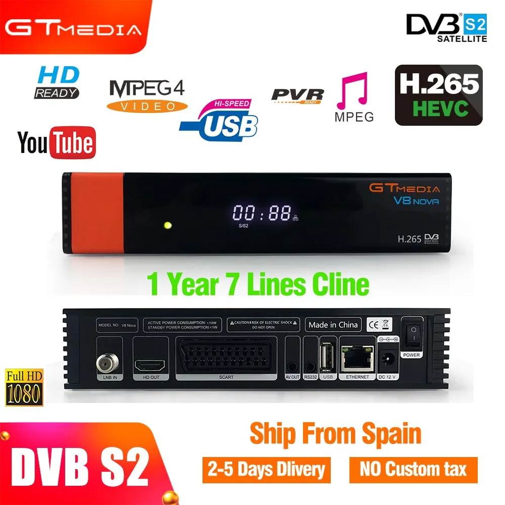 

Gtmedia v8 nova + 1 year Europe cccam 7 clines HD Satellite Receiver built-in wifi Dongle support H.265 Powervu Biss key tv box