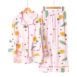 Новинка весны для женщин 2 шт. пижамный комплект с рисунком ананаса Комфорт Хлопок Дамы длинным рукавом и брюки пижамы Домашняя одежда
