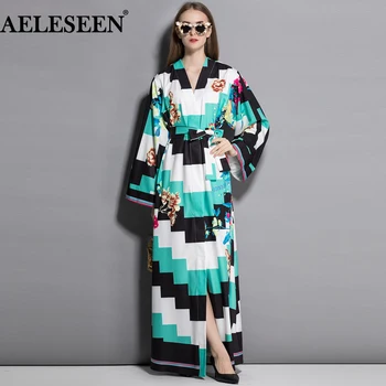 

AELESEEN Split Loose Runway Maxi Cardigan Dress Full Sleeve Autumn Elegant 2018 Floral Print Belt Contrast Color long Dress