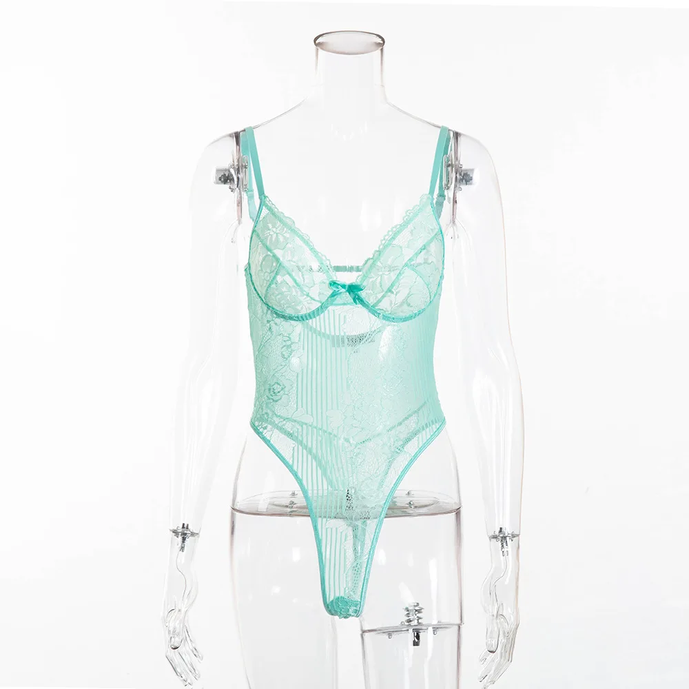 mint green Криптографический горячая распродажа тонкий кружевной комбинезон для женщин с открытой спиной прозрачный сетчатый сексуальный комбинезон с бантом комбинезон на лямках боди стринги - Цвет: mint green