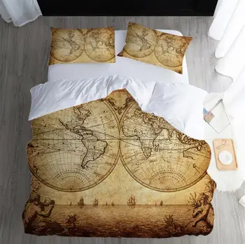 

3pcs Vintage World Map Bedding Set Retro Bed Linens Double Twin King Queen Bedclothes with 1 Duvet Cover 2 Pillowcases