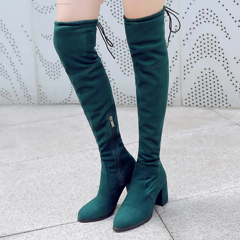 RIZABINA/женские Сапоги выше колена размера плюс 32-48, квадратный высокий каблук, шнуровка, зима-осень, Женская замшевая теплая обувь