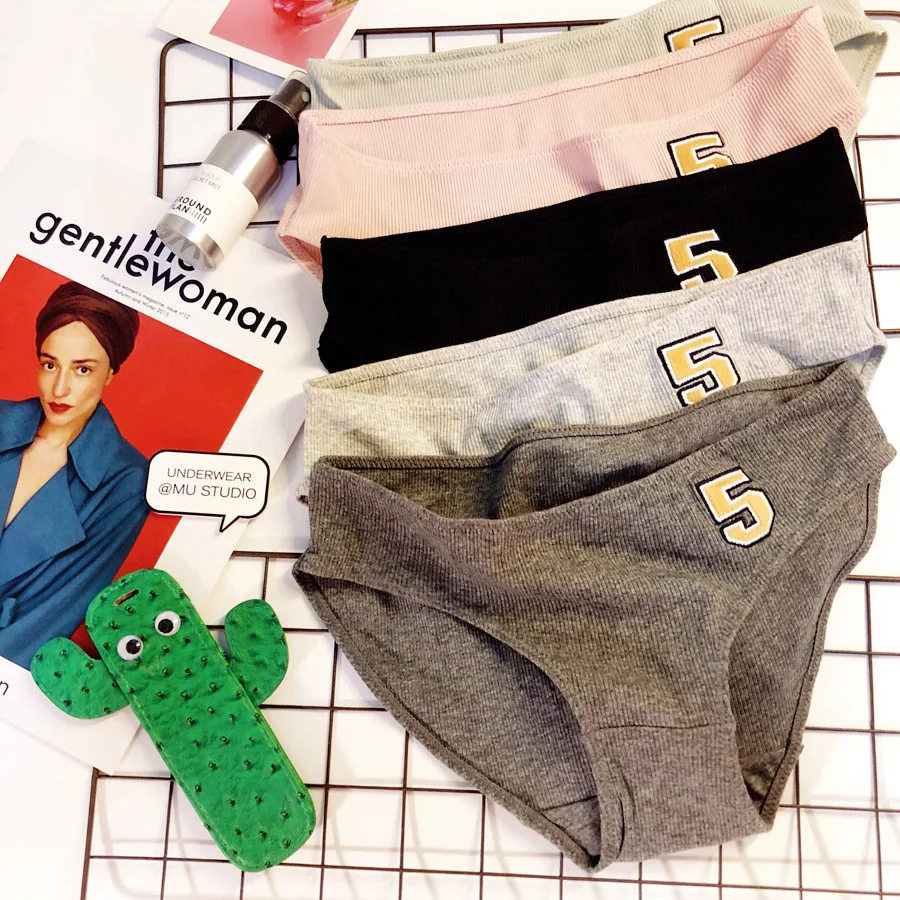 Sports Cute Simple Letter Number 5 Pure Cotton Threaded Lady's Mid-waist Triangular Underwear