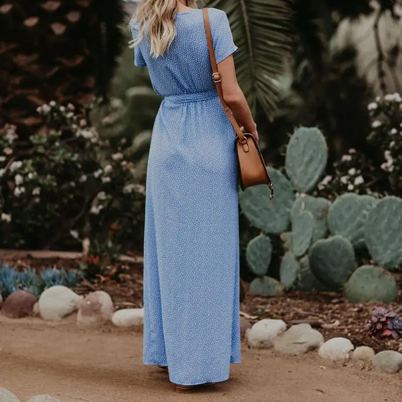 Новые женские Макси Boho горошек летнее платье с v образным вырезом пляжное длинное