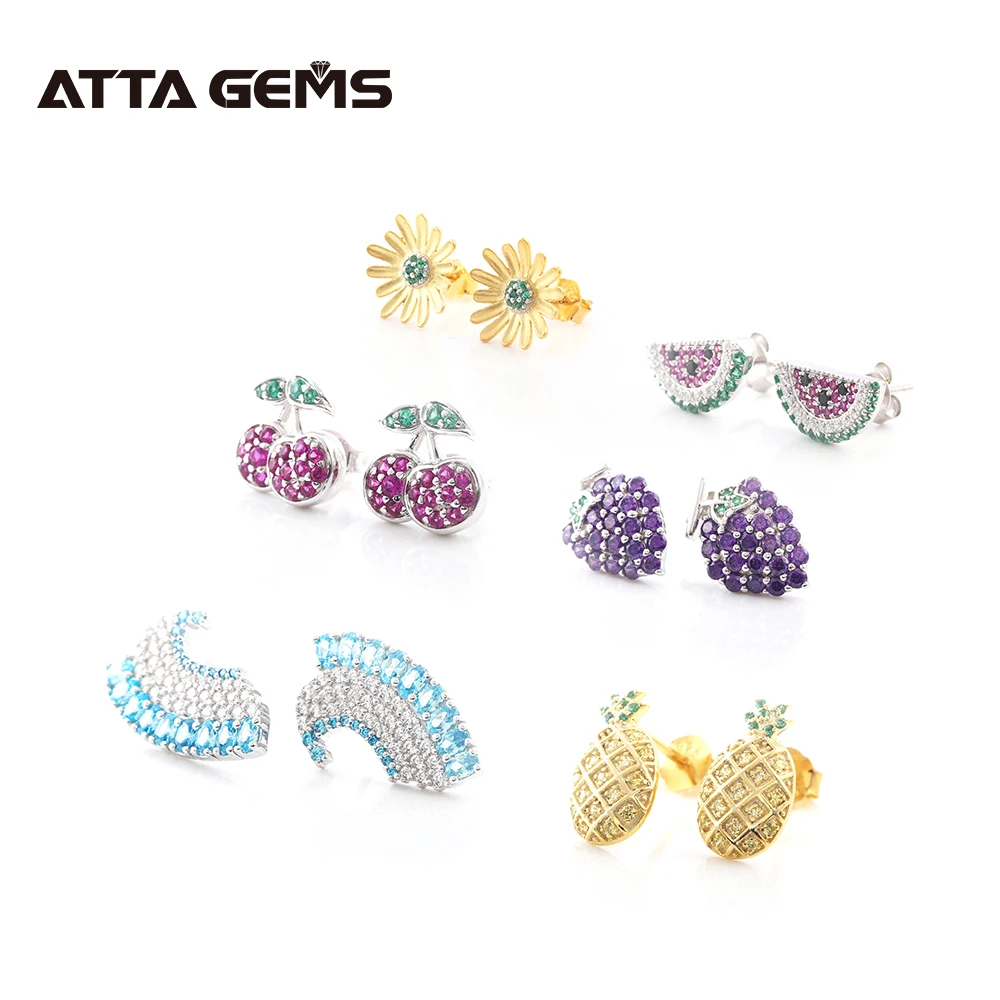 

7 pairs Weekly Fruit Stud Earring for Women Sterling Silver Natural Amethyst Created Ruby Sapphire Colorful Stone Earring Desgin