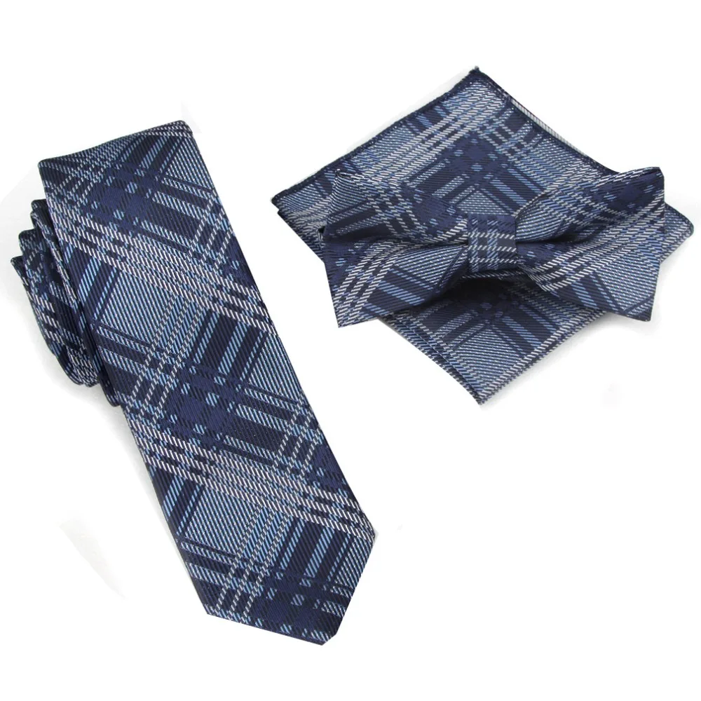  2019 Slim Tie Plaid Ties Set Bowtie Handkerchief Pocket square Necktie 21 colors