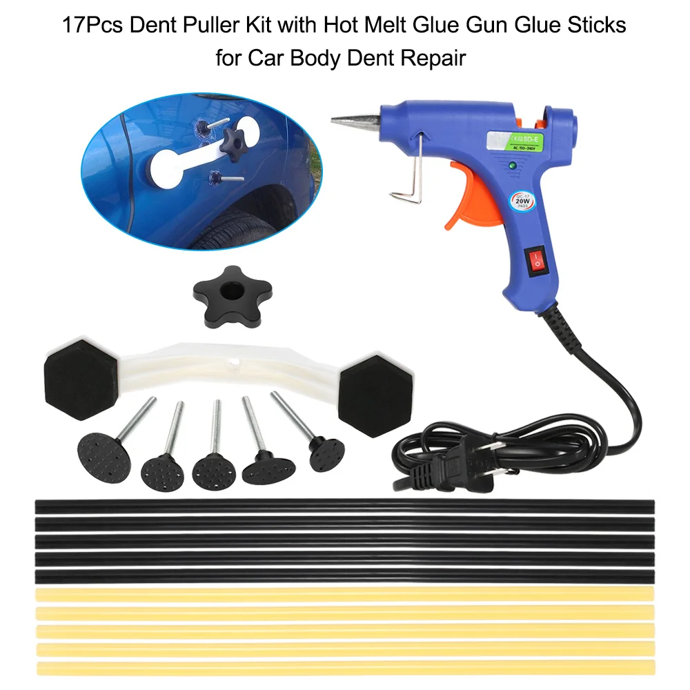 17Pcs Dent Puller Kit with Hot Melt Glue Gun Glue Sticks for Car Body