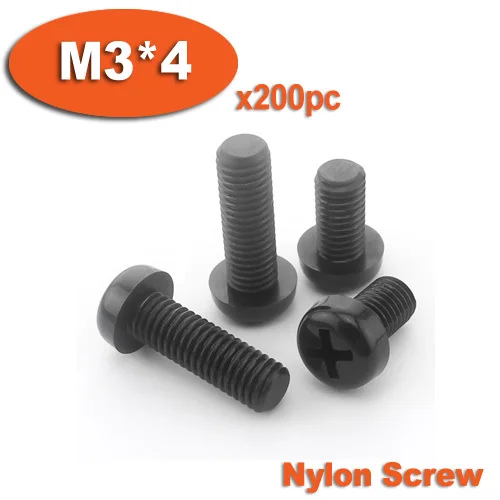 

200pcs DIN7985 M3 x 4 Black Plastic Nylon Pan Head Phillips Screw Cross Recessed Raised Cheese Head Screws