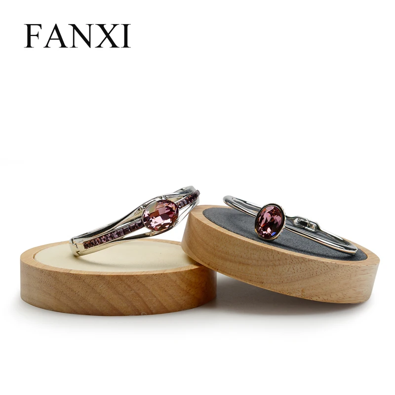 

FANXI Cream-white&Dark gray Solid wood Jewelry display stand Round Shape with Microfiber for Bangle Exhibition Ring Display Prop