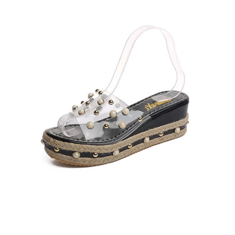 Женские летние туфли на очень высоком каблуке; прозрачные босоножки на платформе с жемчугом; Вязаные сандалии на платформе с заклепками; mujer; Новейшая модель; C0924 - Цвет: Черный