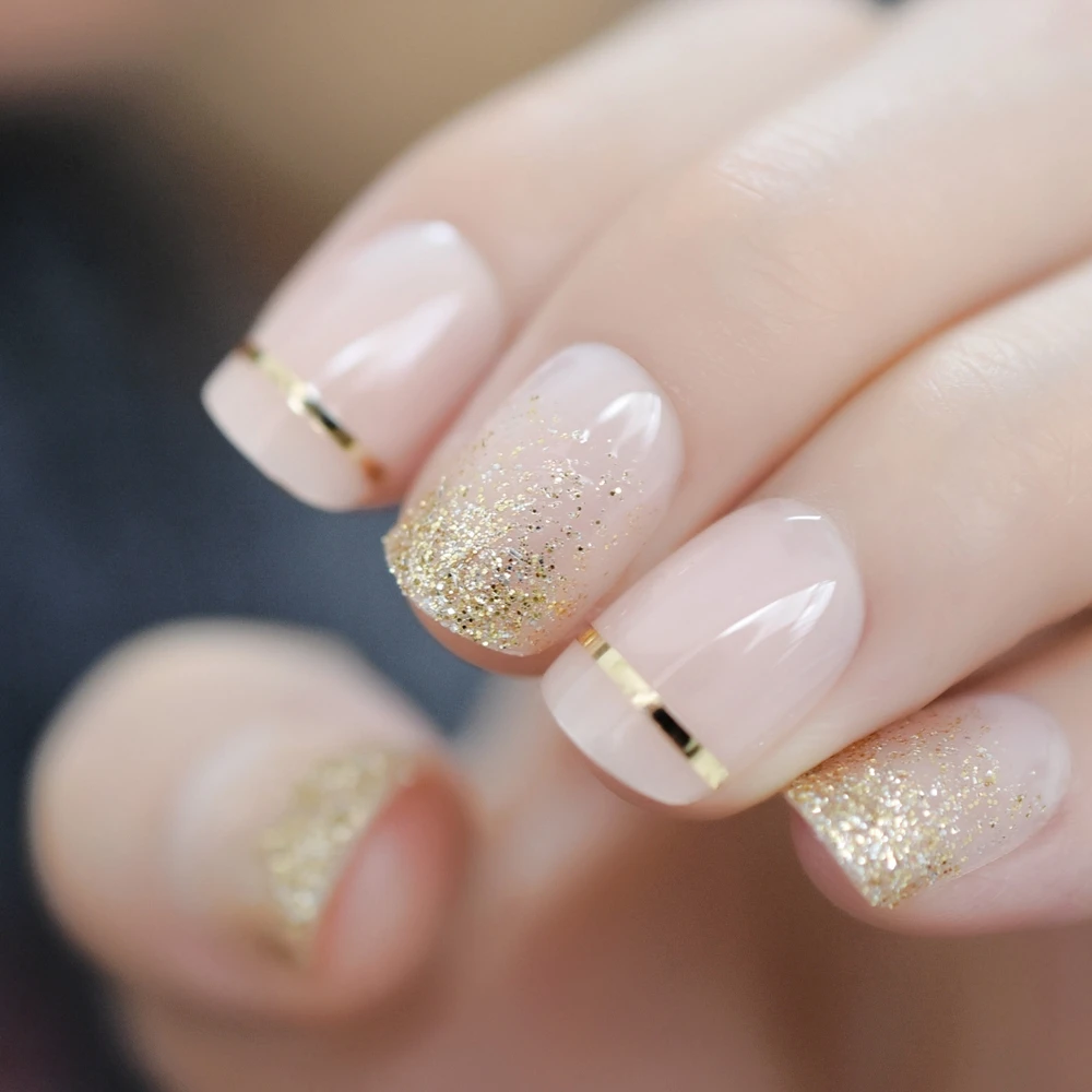 Модные короткие обнаженные французские ногти накладные ногти УФ гель Золотой Блеск Искусственный пресс на поддельные ногти салон украшенный полное покрытие - Цвет: L5111