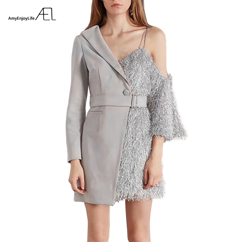 

AEL Spliced Asymmetric One Strap Shoulder Low Cut Autumn Woman Dress Suits Styles 2018 Fashion Runway Dresses Hight Quality