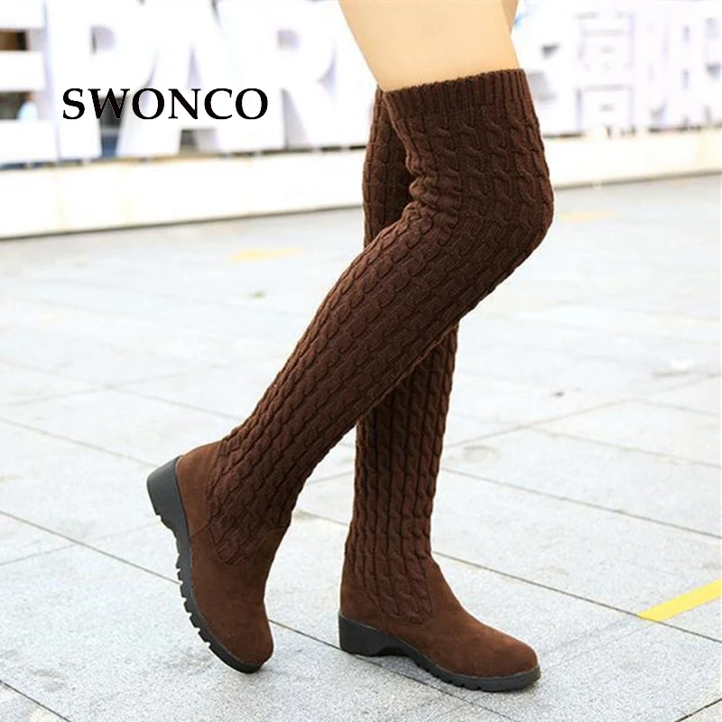 Kaufen SWONCO frauen Hohe Stiefel 2018 Herbst Winter Stricken Wolle Damen Schuhe Oberschenkel Hohe Stiefel Für Frauen Lange Stiefel Keile frau Boot