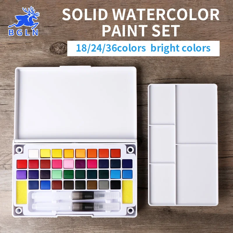 

BGLN 18/24/36Color Solid Water Color Painting Set Box With Water Brush Bright Color Portable Watercolor Pigment Set Art Supplies