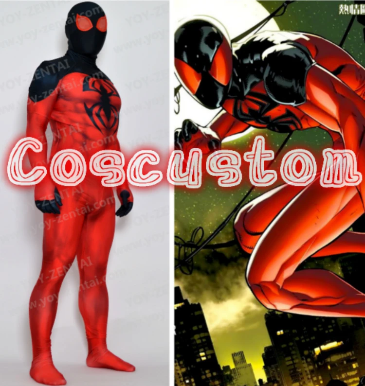 

Coscustom High Quality Scarlet Spider Costume Red and Black Spandex Lycra Spiderman Costume with muscle shading Cosplay Costume