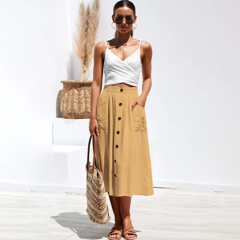 Весна Лето хлопоковая длинная юбка женская миди Корейская на элегантных кнопках с карманами и высокой посадкой юбка Женская Повседневная плиссированная школьная юбка