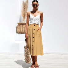 Весна Лето хлопоковая длинная юбка женская миди Корейская на элегантных кнопках с карманами и высокой посадкой юбка Женская Повседневная плиссированная школьная юбка