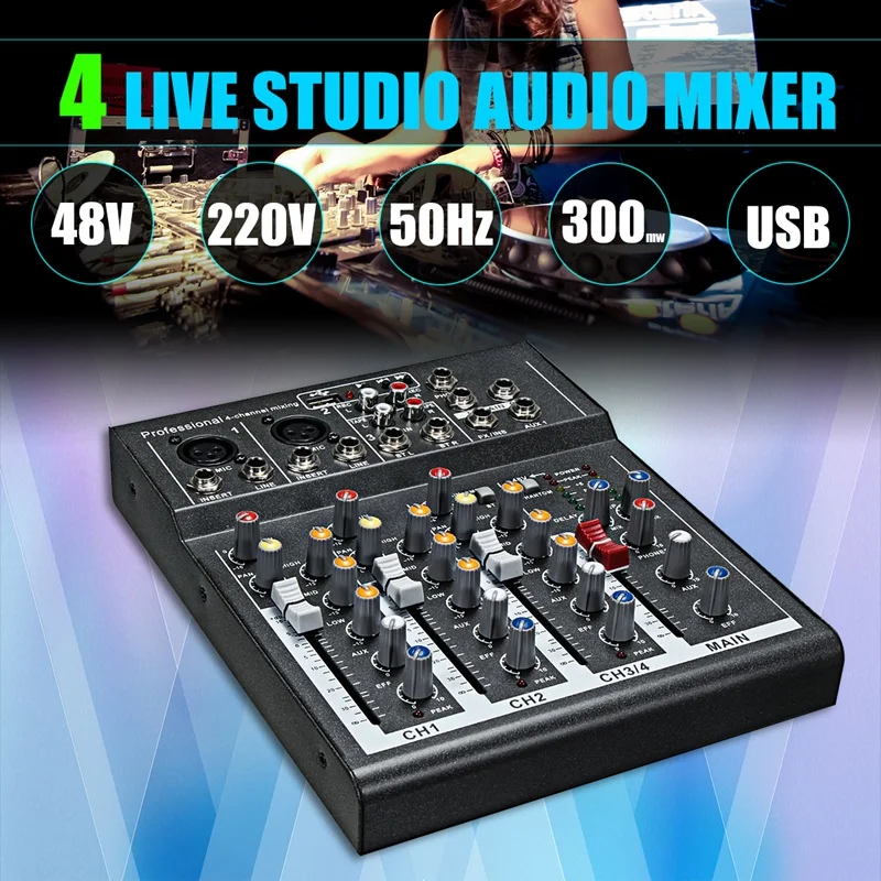 

Eu Plug Mini Portable Audio Mixer With Usb Dj Sound Mixing Console Mp3 Jack 4 Channel Karaoke 48V Amplifier For Karaoke Ktv Ma