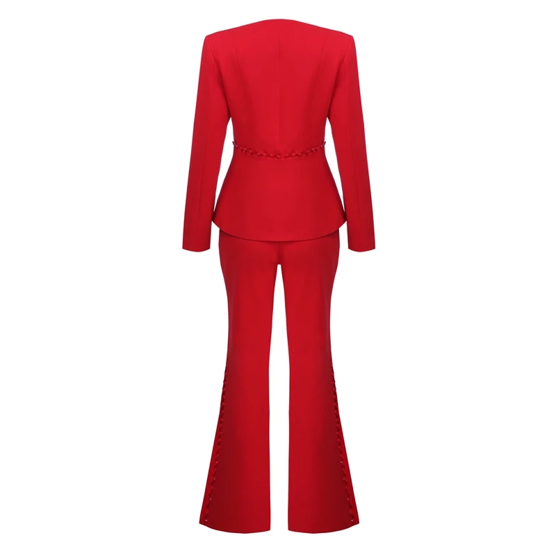 2018 V Blazer Picec Formelle À Pantalons 2 Ensembles Longues Manches Costumes Lady Flare Ol cou Beateen Large Rouge Jambe Pantalon pdRwqp5