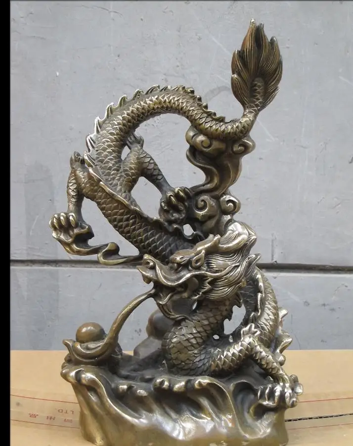 

671115586+++12"China Feng shui Bronze Lucky Fall from the cloud animated Dragon Statue