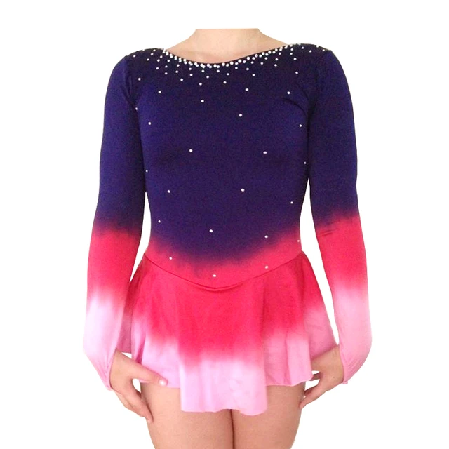Cheap Customized Costume Ice Figure Skating Gymnastics Dress Competition Adult Child Girl Performance Purplish Blue Red Pink Hemline