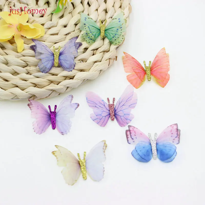 

56PCS Gradient Color Organza Fabric Butterfly Appliques 48mm Translucent Chiffon Butterfly for Party Decor, Doll Embellishment