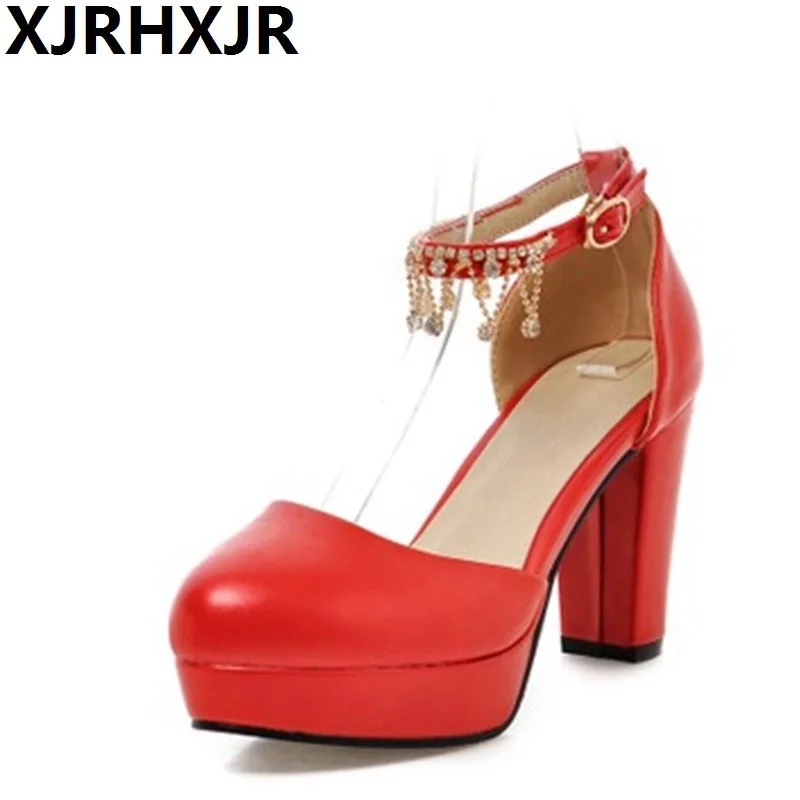 

XJRHXJR 2019 New Spring Summer Women Sandals Round Toe Square Heels 5Colors Female Single Shoes Rhinestone Pumps Ladies Shoes