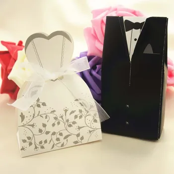 

50pcs Bride+ 50pcs Groom Candy Boxes For Wedding Sweet Bag Wedding Favors Gift For Guest Bride Groom Wedding Dresses Decoration