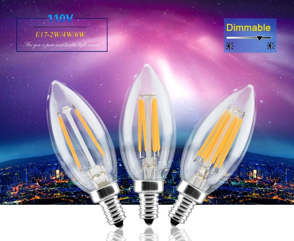 E17 светодиодный ламп накаливания лампы в форме свечи света типа «Свеча»), 2 Вт, 4 Вт, 6 Вт AC 110 V 127 V затемнения C35 фар для домашняя люстра подвесной светодиодный лампы