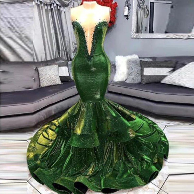 

Bling Bling Green Long Mermaid Evening Gown 2019 Fashion Shiny Sequin Prom Formal Dresses Dubai Chic Tiered Party Dresses Custom