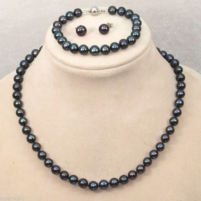 

Hot sale new Style >>>>Elegant Genuine Natural 8-9mm Akoya Black Pearl Necklace Bracelet Earring A Set