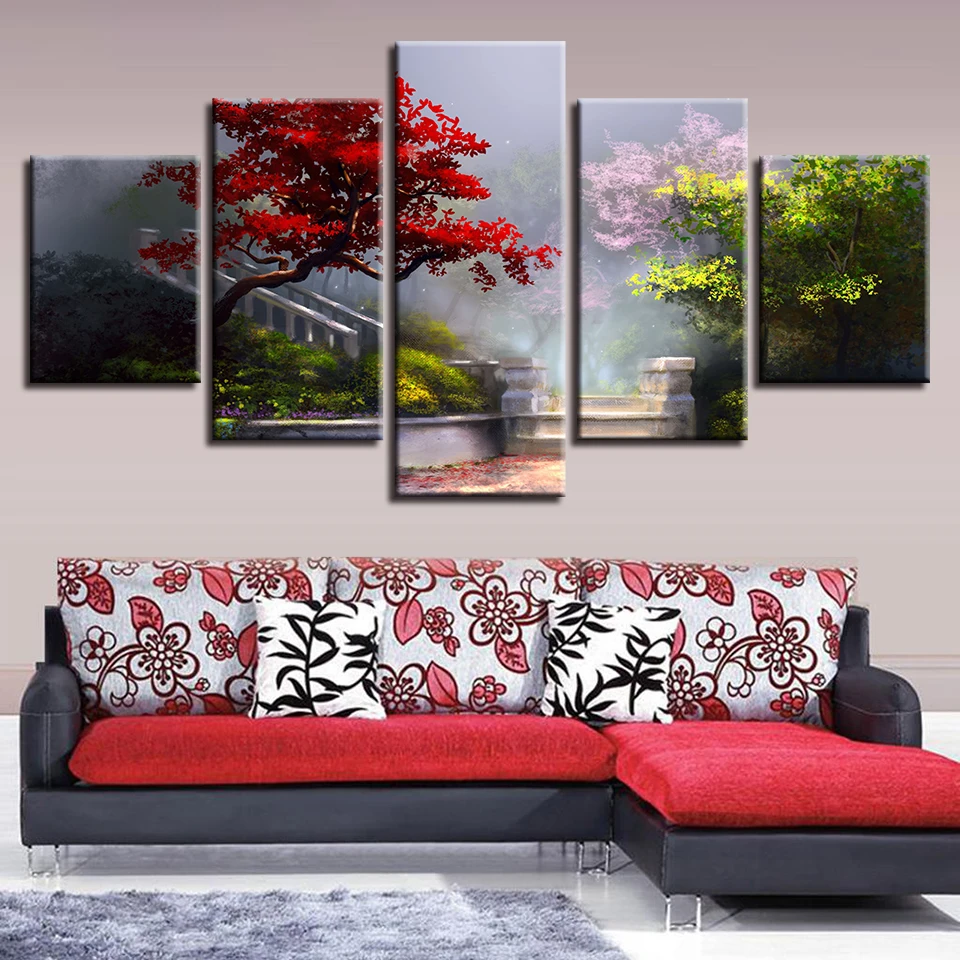 

Modular Home Decor Trees Scenery Canvas Painting Wall Art 5 Pieces Beautiful Garden Step Handrail Pictures HD Print Poster