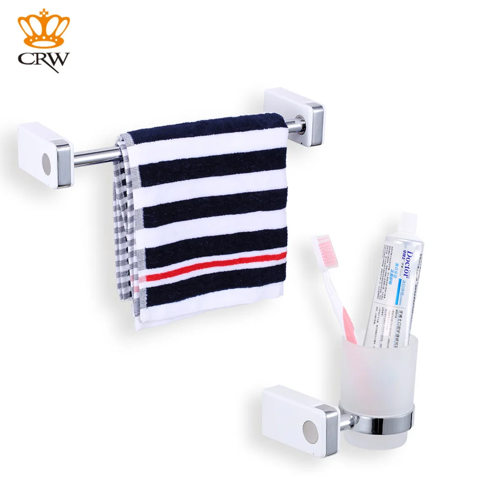 

CRW 2 Pieces Bathroom Accessory Set Single Towel Rack Bar + Single Toothbrush Holder Tumbler with Towel Hook Set Wall Mount