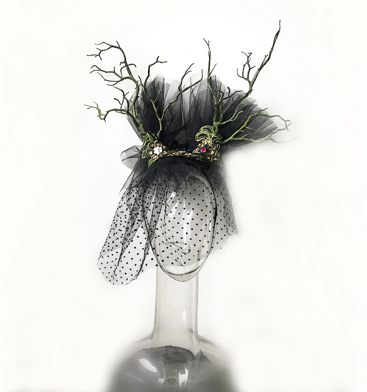 

Retro Style Mesh Bridal Face Veil With Dots Headband Horns Tree Branch Headpiece Mesh Net Handmade Unique Gothic Party Accessory