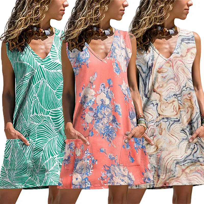 

Summer Dresses For Women Floral Print Sleeveless Vest Sundress Pink White Green Floral Print Female Beach Dresses With Pocket